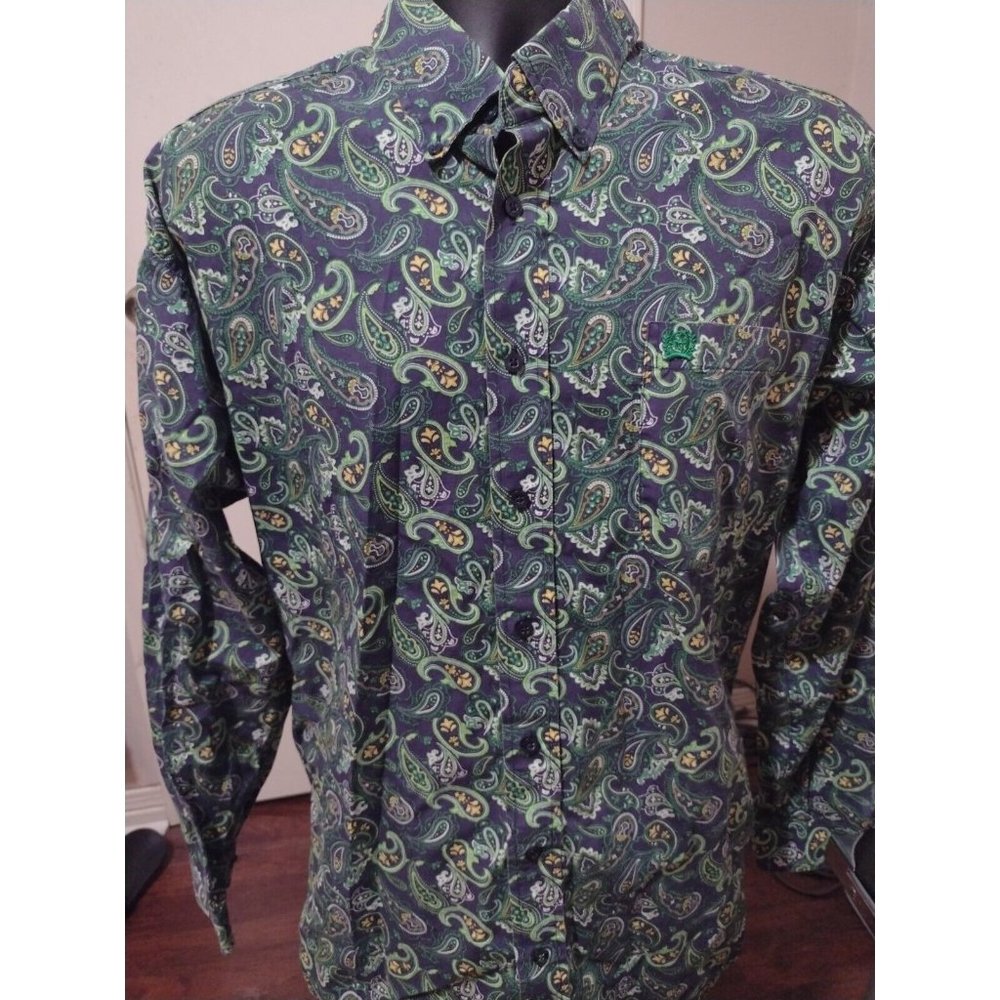 Cinch Cowboy Western Paisley Blue Green Long Sleeve Button Shirt Large L Cotton